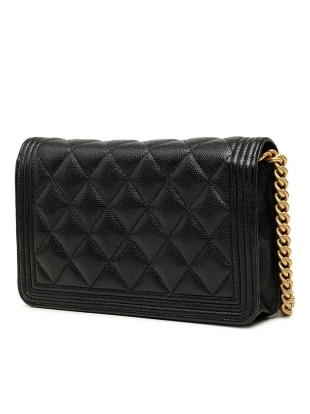 Chanel CC Logo Boy Chain Wallet Shoulder Bag Black Gold Caviar Leather